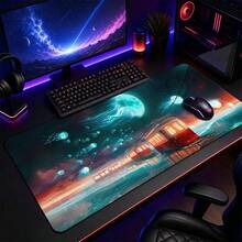 Giant Glowing Jellyfish Retro Tram Full Moon Large Gaming Desk Mat, Sunset Ocean Fantasy Starry Sky Print Non-Slip Rubber Extended Mouse Pad, Waterproof Long Keyboard Pad, Gaming Computer Desktop Decor - View 1