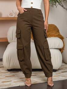 ANCHOSE Women's Early Autumn Chocolate Brown Tapered Leg Pants, Casual Street Style For Daily Commute And Weekend Wear - Brown - View 1