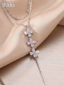 Hihho 1pc Double Layer 3-Flower Four-Leaf Clover Y-Shaped Tassel Necklace, Sparkling Zirconia Dress Versatile Collarbone Chain (Random Bead Quantity And Spacing) - Four-leaf Clover Y-shaped - View 3