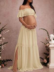 Maternity Strapless Ruffle Hem Dress, Chiffon Moderate Stretch Ruffle Detail Front Slit Ruffle Hem Maternity Photography Baby Shower Party Dress Fall - Apricot - View 6