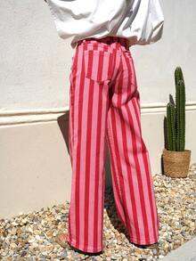 New Fashion Striped Women's Long Pants, Vacation College Daily All-Season Color-Block Trousers - Pink Stripes - View 2