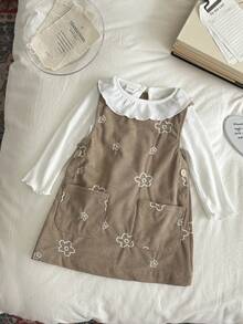 INS Toddler Baby Girl Brown Floral Embroidered Corduroy Overall Dress Spring Autumn - Maroon - View 7