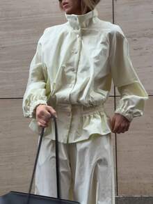 1pc Solid Color Woven Fabric Pleated Decor Women's Regular Jacket For Daily Wear All Seasons - Beige - View 3