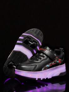 BLSART New Kids 4-Wheel Retractable LED Light-Up Rechargeable Hidden Wheel Colorblock Leather Hook & Loop Roller Skate Shoes, Unisex Daily Commute Flashing Sports Shoes - Black - View 13
