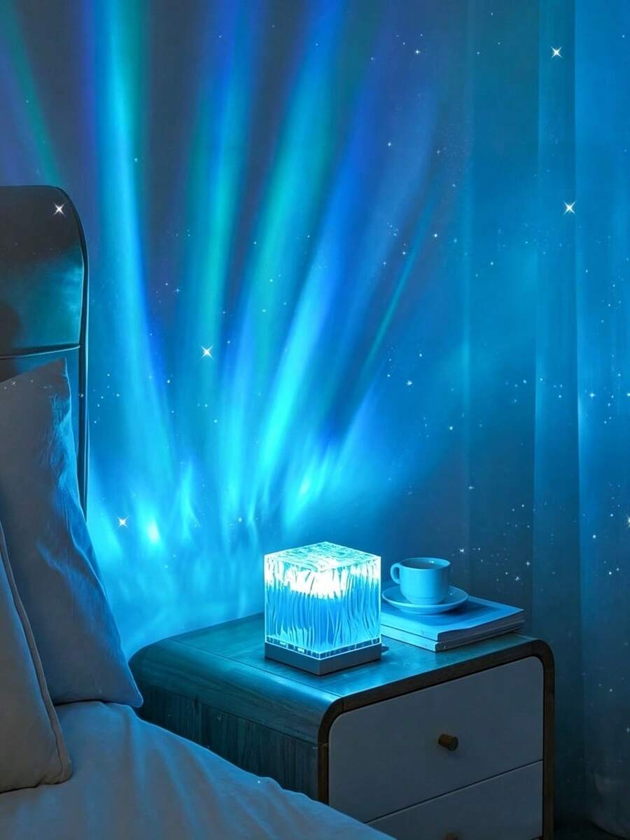 USB Powered Geometric Square Aurora Projector, 16-Color RGB Remote Mood Lamp With Type-C Cable