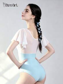 DonsGirl 1pc Women's Ruffle Sleeve Mesh Patchwork Ballet Leotard, Romantic Fairy Style Jumpsuit, Suitable For Aerial Yoga, Figure Skating And Dance Performance Costume - Baby Blue - View 3