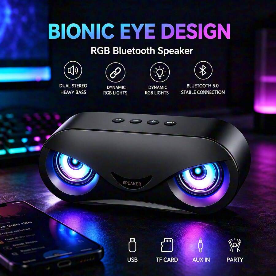 Portable Bluetooth Speaker With RGB Lights, Bionic Eye Design, Dual Stereo Sound & Deep Bass, Wireless Party Speaker For Gaming, Bedroom, Dorm Room & Parties - 黑色 - 查看 1