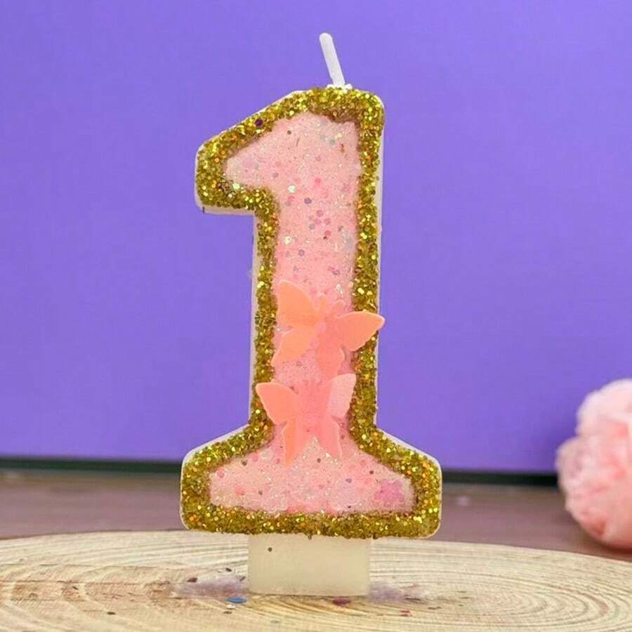 1件數字0-9生日蠟燭,金粉色閃粉蝴蝶設計,蛋糕裝飾插牌,適用於生日和婚禮派對 - 查看 1