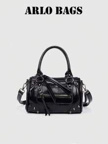 Women's Black Glossy PU Boston Tote Bag, Metal Rivet Decor, Dual Handle Design, Top Handle And Detachable Crossbody Strap - Black - View 1