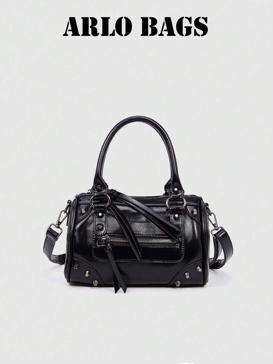 Women's Black Glossy PU Boston Tote Bag, Metal Rivet Decor, Dual Handle Design, Top Handle And Detachable Crossbody Strap - Black - View 1