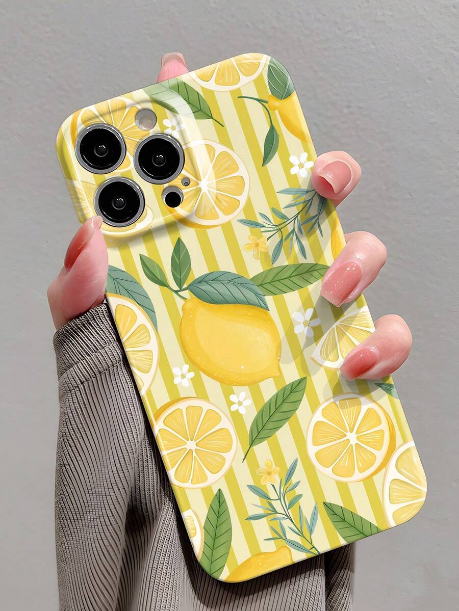 1 buah Casing Ponsel Keras Berlapis Penuh Bergaya Ins dengan Motif Garis-garis Klasik Minimalis Motif Bunga Lemon Segar, Kompatibel dengan iPhone 11/12/13/14/15/16 Pro Max - MultiWarna - View 1