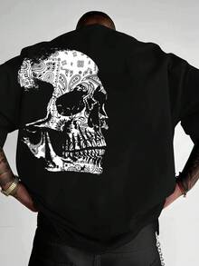 Camiseta de hombre con estampado de calaveras, cuello redondo, corte holgado, hombros caídos, manga corta, cómoda y transpirable - [Noir] - Ver 1