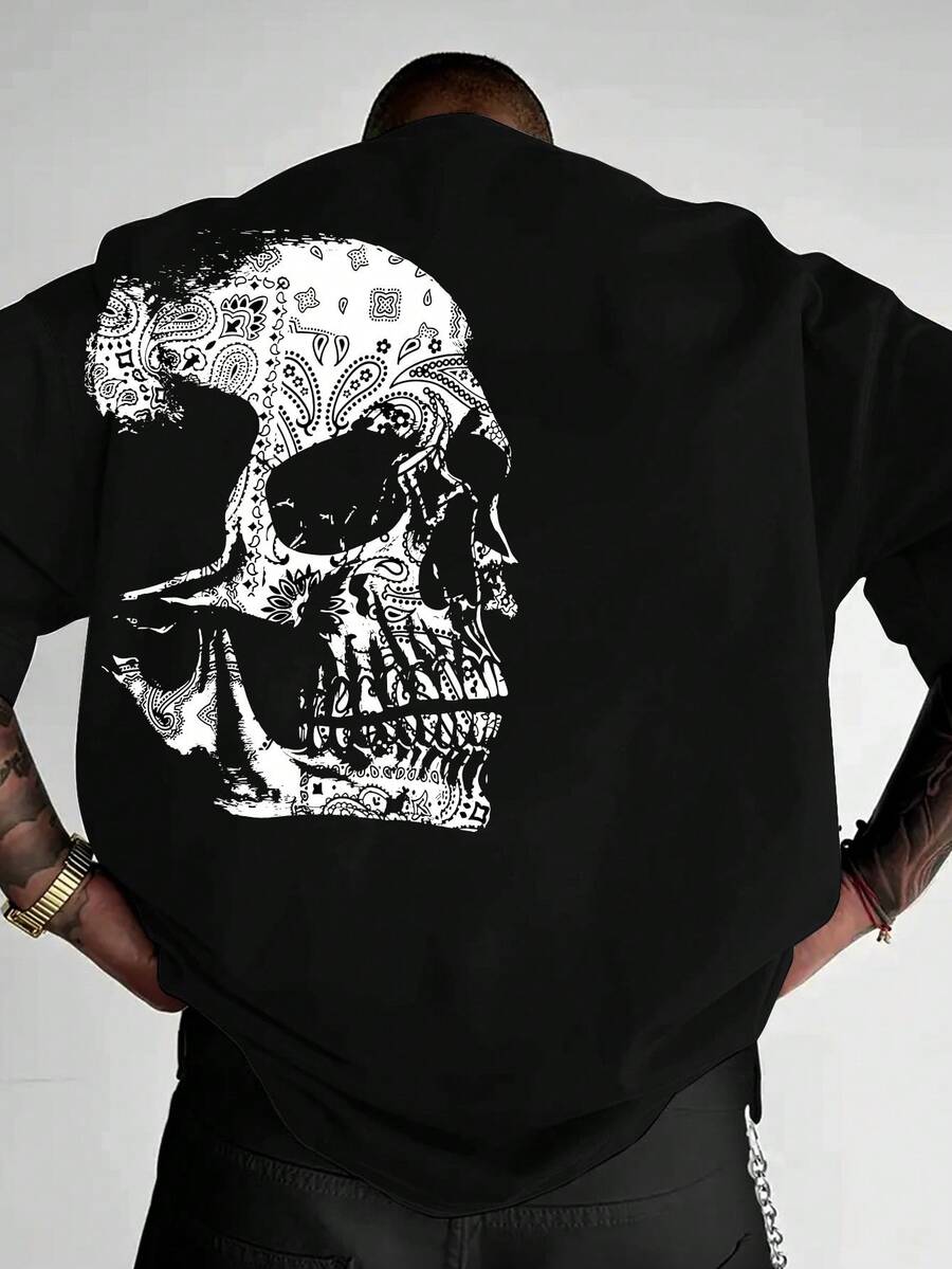 Camiseta de hombre con estampado de calaveras, cuello redondo, corte holgado, hombros caídos, manga corta, cómoda y transpirable - [Noir] - Ver 1