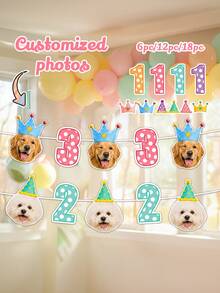 6/12/18pc Custom Dog Cat Photo Birthday Banner, Personalized Pet Face Garland, Puppy Party Decoration, Dog Birthday Banner With Age Numbers Birthday,Personalized Gifts - Multicolor - View 2