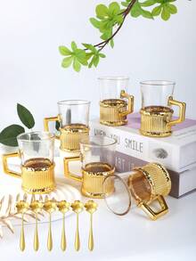 12件組金色玻璃茶杯套組，金色茶杯，可愛迷你咖啡杯，復古歐式風格/紅茶杯、水杯、牛奶杯，適用於飯店、餐廳、居家、萬聖節、聖誕節、新年、婚禮、派對活動等 (6個咖啡杯 + 6個咖啡匙) - 彩色 - 查看 9