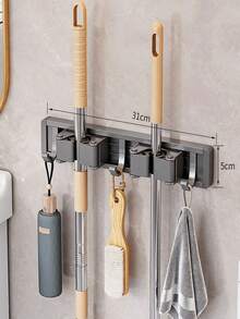 1pc 4-Clip 5-Hook Aluminum Wall-Mounted Bathroom Mop Holder, Broom Rack, Storage Rack, No-Drill Mop Holder, Suitable For Bathroom And Balcony - Multicolor - View 13