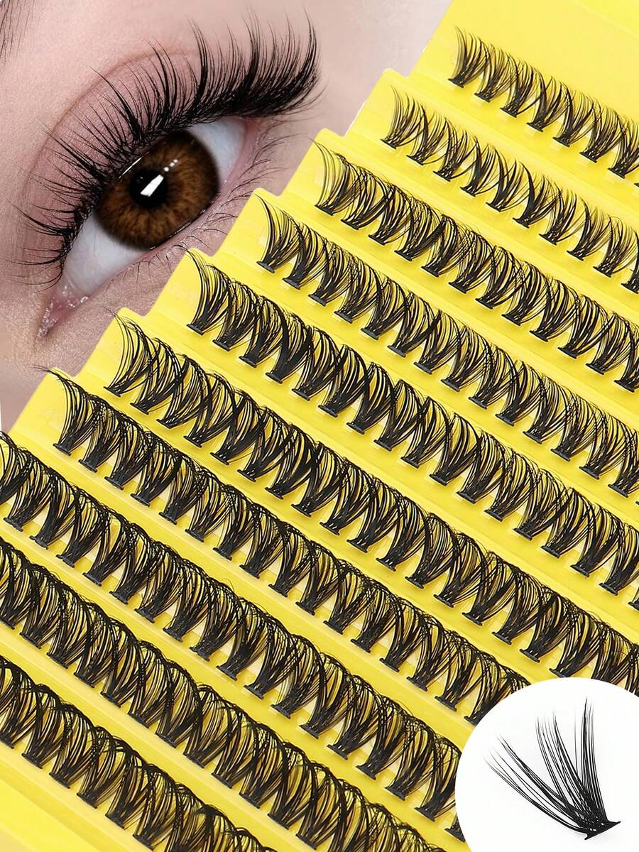 200pcs D-Curl Fluffy Single Cluster False Eyelashes, Cat Eye Cluster Design, Segmented DIY, Suitable For Beginners, Reusable, For Daily Makeup, Office, Travel - View 1