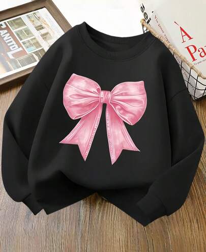 Blusa de Moletom Gola Redonda Infantil Feminina Confortável Quentinha para inverno estampada com: Lacinho Rosa- Novidade Especial na Loja/Promoção