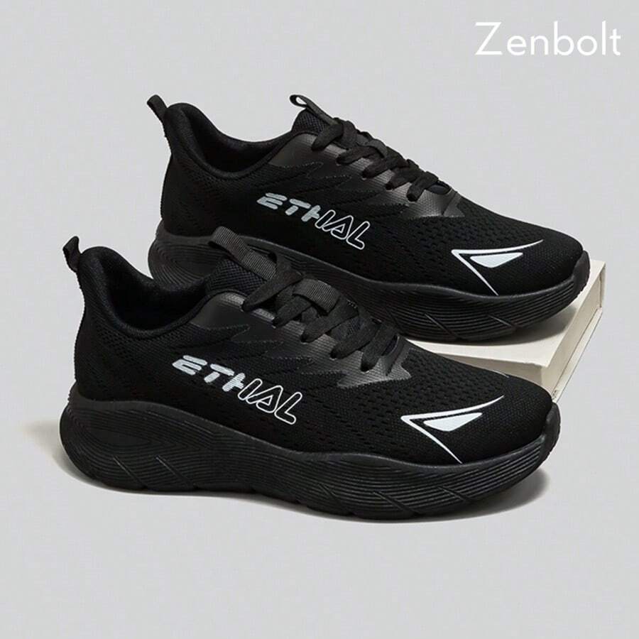 ZenBolt 1 男士運動緩震跑鞋,前繫帶設計,字母印花網布鞋面,低筒戶外健身慢跑運動鞋 - 黑色 - 查看 1