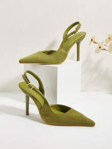 Women's Office Minimalist Denim Blue Pointed Toe Closed Toe Slingback Buckle Stiletto Ultra High Heels - Olive Green - View 1