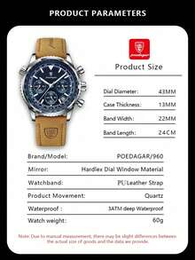 POEDAGAR 1 Stück Herren Casual Date Chronograph Quarz Uhr mit PU-Lederarmband, Business wasserdichte Leuchtuhr geeignet für Arbeitsanlässe, Geschenke für Männer - Einheitsgröße - Übersicht 7