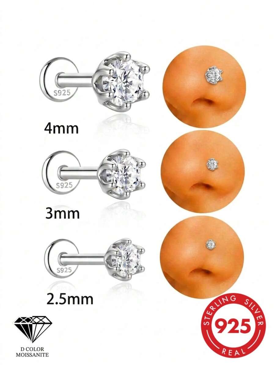 1件 0.06-0.3ct 925純銀莫桑石鼻釘 平底低過敏鼻環穿刺飾品 鼻環耳釘 男女通用日常配戴