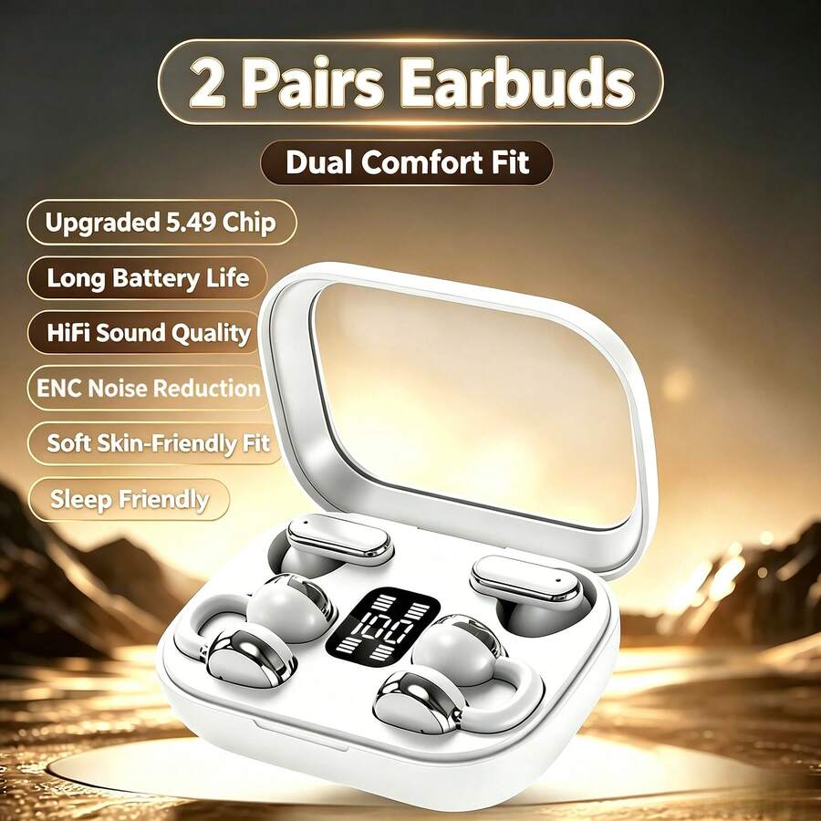 2-In-1 Clip-On & In-Ear Wireless Earbuds For Couples, 2 Pairs TWS Headphones, 30-Hour Battery Life, Hi-Fi Stereo, Digital Display, Sports Earphones Compatible With All Phones, Couple Gift