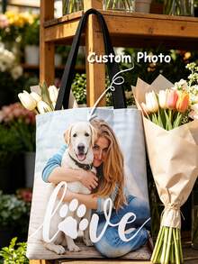 Bolsa de tela personalizada con foto, bolso de mano de gran capacidad de lona de algodón con impresión personalizada, tela duradera, área reservada para nombre de la novia y texto de la fiesta personalizados, adecuado para novias, damas de honor, amantes de mascotas, ideal para regalos de despedida de soltera, reuniones de damas de honor, uso diario, recuerdo de preboda temático, temporada de vuelta al colegio, regalo personalizado para el Día del Maestro - Multicolor - Ver 4