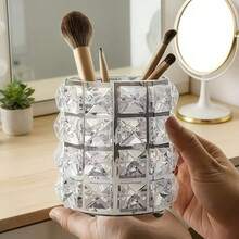 1pc Crystal Diamond Pattern Makeup Brush Holder, Silver Metal Desktop Organizer, Elegant Cosmetic Storage Cup, Suitable For Vanity And Dressing Table - Storage - View 3