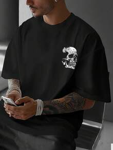 Camiseta de hombre con estampado de calaveras, cuello redondo, corte holgado, hombros caídos, manga corta, cómoda y transpirable - [Noir] - Ver 2