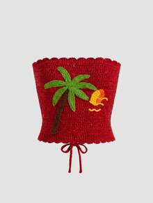 AELITH Women's Crochet Knit Tropical Embroidered Tube Top, Cute Summer Vacation Style, Beach Style - Burnt Orange - View 3