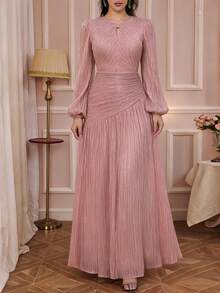 Solessence Elegant Round Neck Formal Evening Dress With Front Slit Design, Suitable For Wedding Reception, Gala, Anniversary Celebration And Formal Party - Dusty Pink - View 1