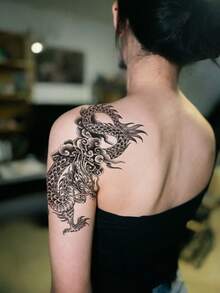 1 pieza Tatuaje de estilo Y2K con dragón, nubes auspiciosas, tatuaje de tótem de dragón, pegatina de tatuaje temporal, resistente al agua y al sudor, lavable, sin efecto reflectante, simula el efecto de tatuaje en brazos, piernas, hombros, pecho, espalda, adecuado para personas a la moda, dura de 3 a 5 días - Negro - Ver 3