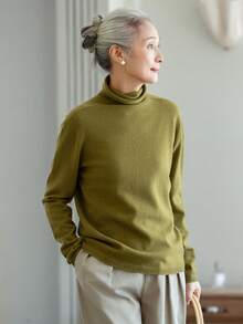 女款時尚橄欖綠高領毛衣，舒適休閒針織上衣，適合萬聖節、感恩節、聖誕節、秋冬穿搭 - 芥末黃 - 查看 1