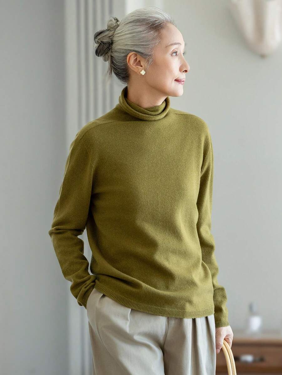 女款時尚橄欖綠高領毛衣,舒適休閒針織上衣,適合萬聖節、感恩節、聖誕節、秋冬穿搭 - 芥末黃 - 查看 1