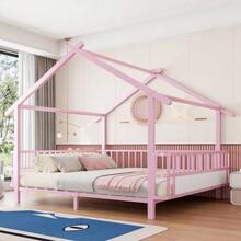Metal Children's Bed In The Shape Of A House, 140 X 200 Cm, With Roof Design And Decorative Frame - Pink - View 1