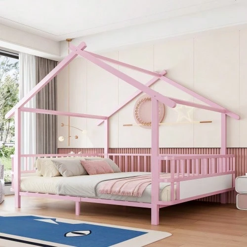Metal Children's Bed In The Shape Of A House, 140 X 200 Cm, With Roof Design And Decorative Frame - Pink - View 1
