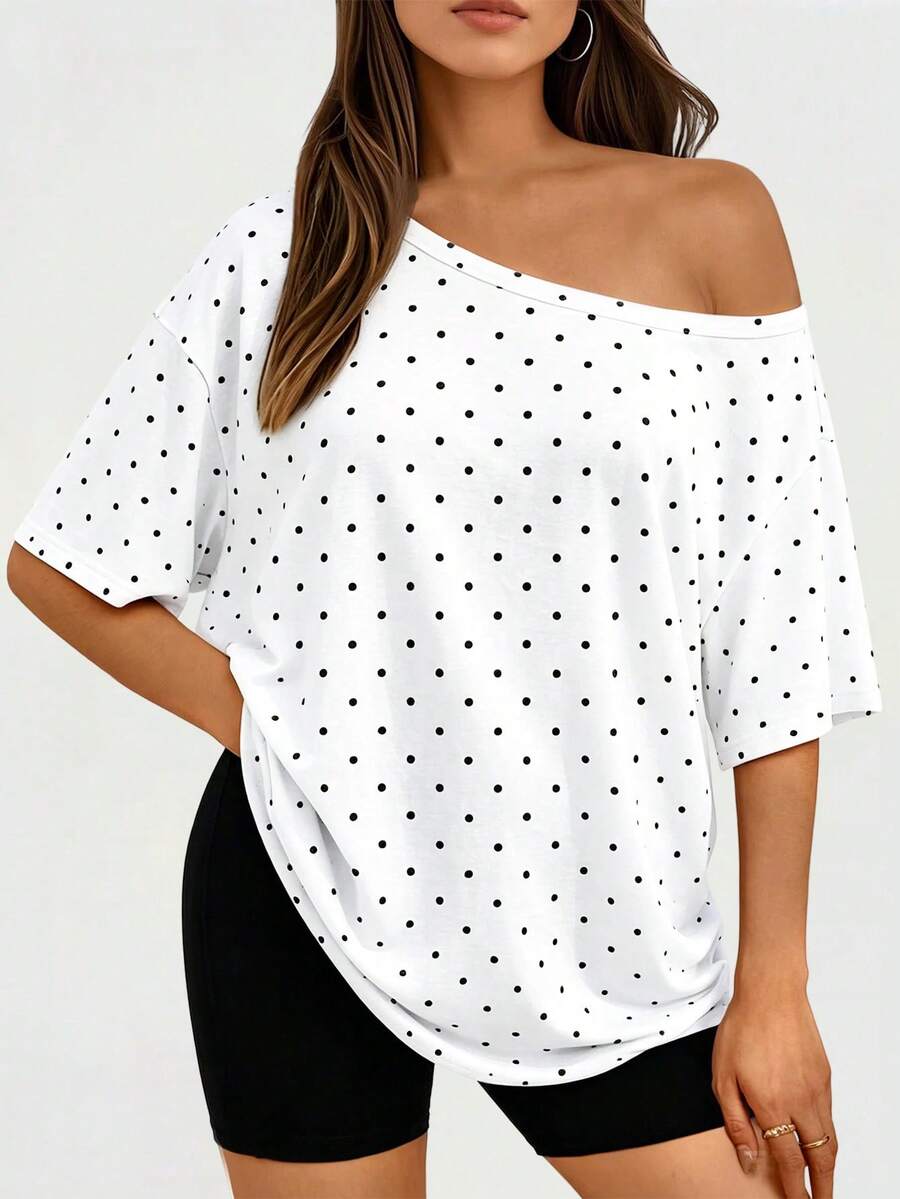 Speed mate Women's Polka Dot Open Shoulder Loose Plus Size Short Sleeve T-Shirt, Summer Casual Spring Top Sports - White - View 1