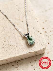Green Natural Moss Agate Pendant Necklace, 925 Silver Adjustable Chain Decoration - Green - View 1