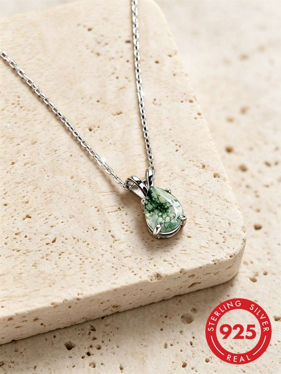 Green Natural Moss Agate Pendant Necklace, 925 Silver Adjustable Chain Decoration - Green - View 1