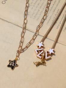 Leopard Print Star Heart Charm Necklace Set 3pcs Lucky Number 777 Necklace Set Star Girl Necklace - Gold - View 5
