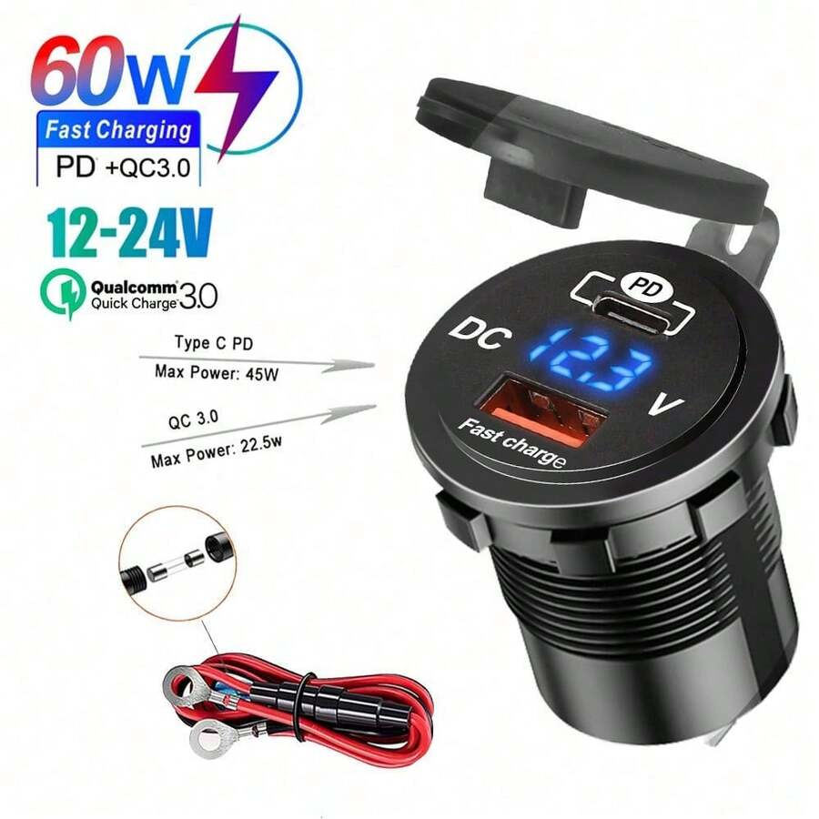 1 个车载充电器,带 PD+QC3.0 快速充电、10A 保险丝、60 厘米捆绑电缆 - YC-A39 - 查看 1