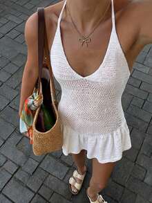 Women's Summer Vacation Bohemian Style Fashion Camisole Backless Fitted Solid Color Ruffle Design Sexy Crochet Cover-Up Dress White Beach - White - View 1