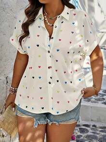 Heart Print Button Front Cardigan, Casual Short Sleeve Top, Suitable For Spring And Summer, Women's Clothing Vacation White - White - View 4