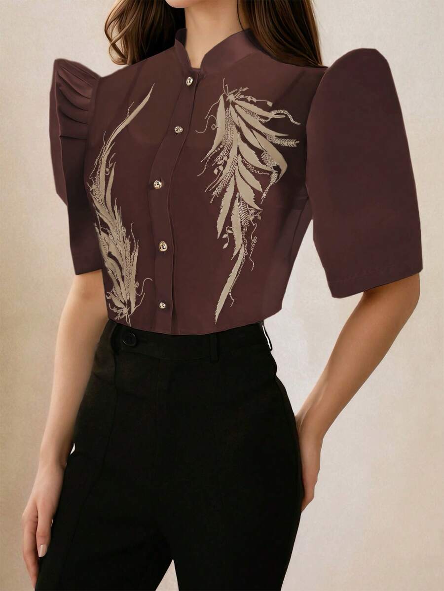女士优雅印花泡泡袖衬衫,适合夏季通勤 - 咖啡棕 - 查看 1