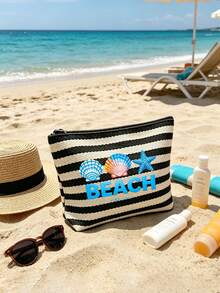 1/2 pièces/set Sac fourre-tout rayé & Sac de maquillage, motif imprimé "Plage", convient pour les vacances, les voyages, les trajets, les achats, cadeau pour la famille et les amis - Multicolore - Voir 5
