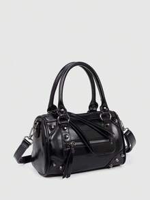 Women's Black Glossy PU Boston Tote Bag, Metal Rivet Decor, Dual Handle Design, Top Handle And Detachable Crossbody Strap - Black - View 2