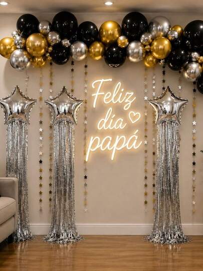 56pcs Black & Silver Rain Curtain Set, Black/Metallic Gold/White Latex Balloons, Star-Shaped Foil Balloons, DIY Rain Curtain Decoration, Suitable For Birthday Party, Baby Shower, Gift Party, Background Wall Decor, Wedding, Gender Reveal Decoration Set
