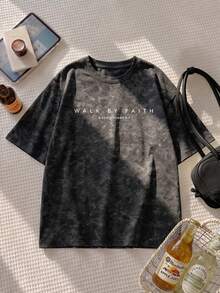 夏季新款簡約字母印花時尚休閒圓領黑色紮染短袖寬鬆女款上衣，百搭女裝上衣 - 黑色 - 查看 5