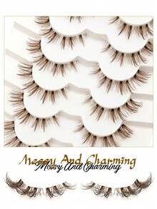 Sibeuna 6 Pairs Wet Glossy Brown Voluminous Dramatic False Eyelashes, Full Messy Charming Style, Transparent Band Reusable, Curly Thin Lash Extensions Makeup Tool - Comic wet eyelashes - View 5